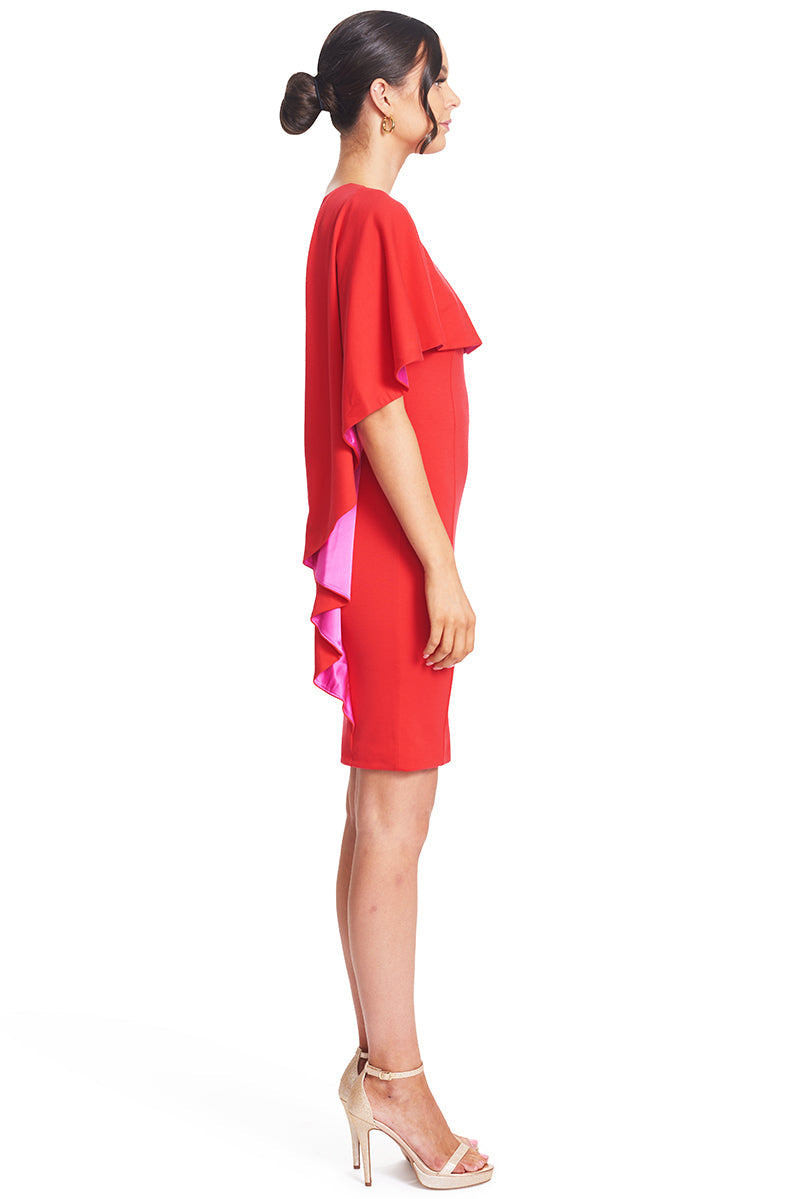 Shero Asymmetric Cape Dress - Ponte body-con dress with contrast satin