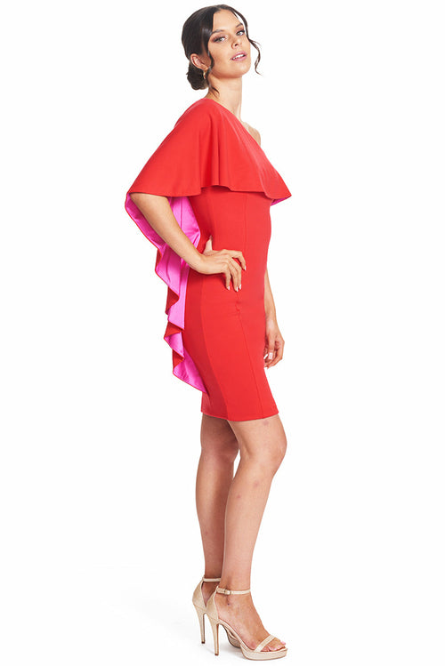 Shero Asymmetric Cape Dress - Ponte body-con dress with contrast satin