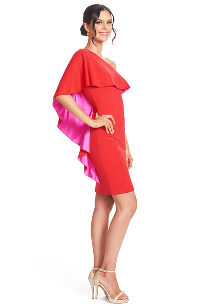 Shero Asymmetric Cape Dress - Ponte body-con dress with contrast satin