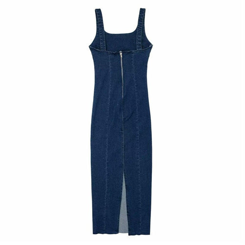 Solid Denim Women dress Spaghetti Strap Sleeveless Midi Split Dresses