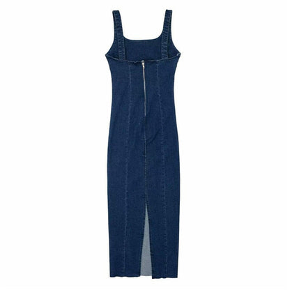 Solid Denim Women dress Spaghetti Strap Sleeveless Midi Split Dresses