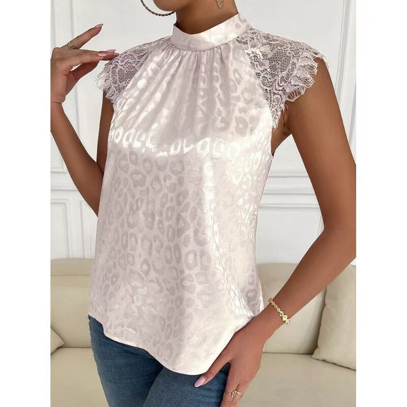 Shirt Stand Collar Loose Sleeveless Lace Blouse