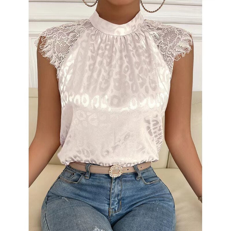 Shirt Stand Collar Loose Sleeveless Lace Blouse