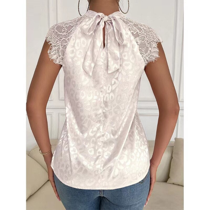 Shirt Stand Collar Loose Sleeveless Lace Blouse