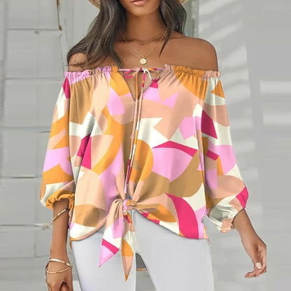 Summer Lace-up Slash Neck Blouses Printed Long Sleeve Pullover