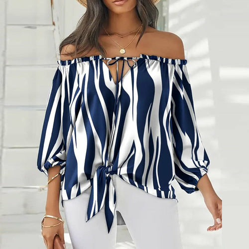 Summer Lace-up Slash Neck Blouses Printed Long Sleeve Pullover