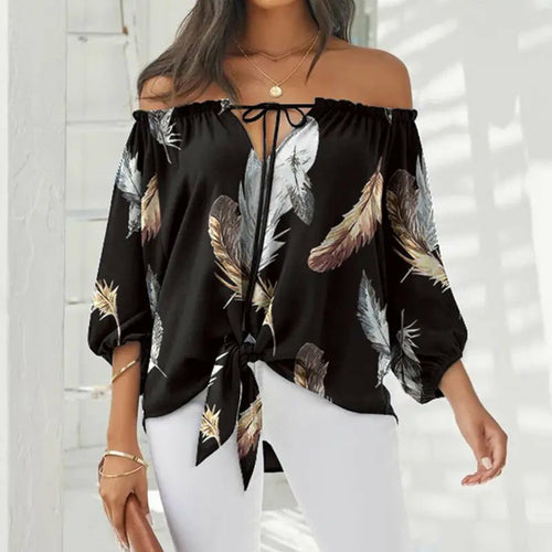 Summer Lace-up Slash Neck Blouses Printed Long Sleeve Pullover