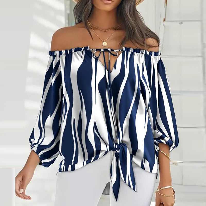 Summer Lace-up Slash Neck Blouses Printed Long Sleeve Pullover