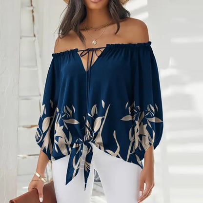 Summer Lace-up Slash Neck Blouses Printed Long Sleeve Pullover