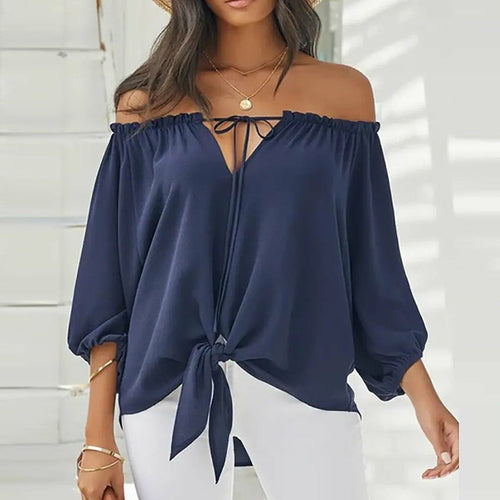 Summer Lace-up Slash Neck Blouses Printed Long Sleeve Pullover