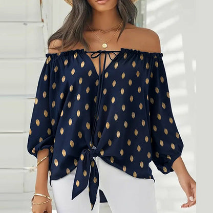 Summer Lace-up Slash Neck Blouses Printed Long Sleeve Pullover