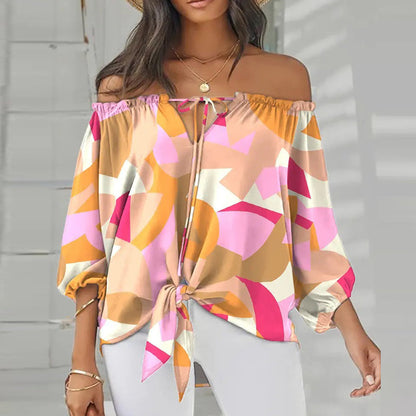 Summer Lace-up Slash Neck Blouses Printed Long Sleeve Pullover