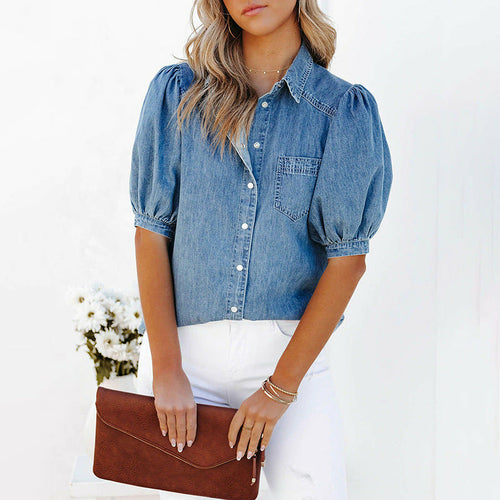 Puff Sleeve Elegant Turn-down Collar Denim Top