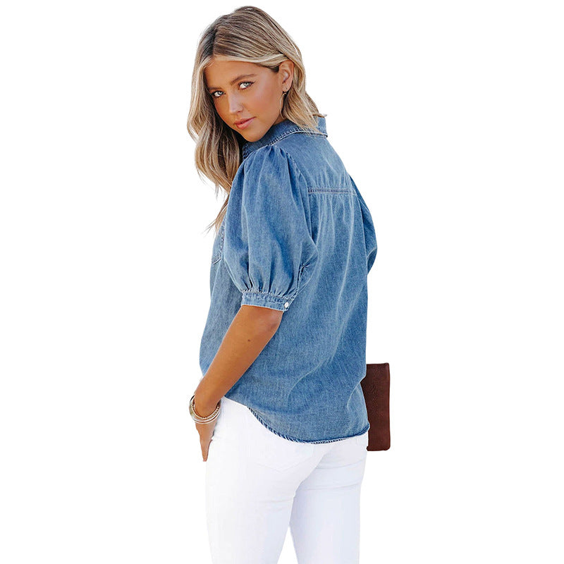 Elegante denim top met ronde hals en pofmouwen