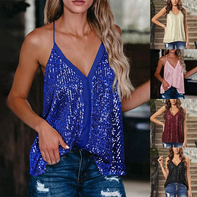 Seuin Tank Top Sleeveless Sequin Tees Vest Female Backless tank top