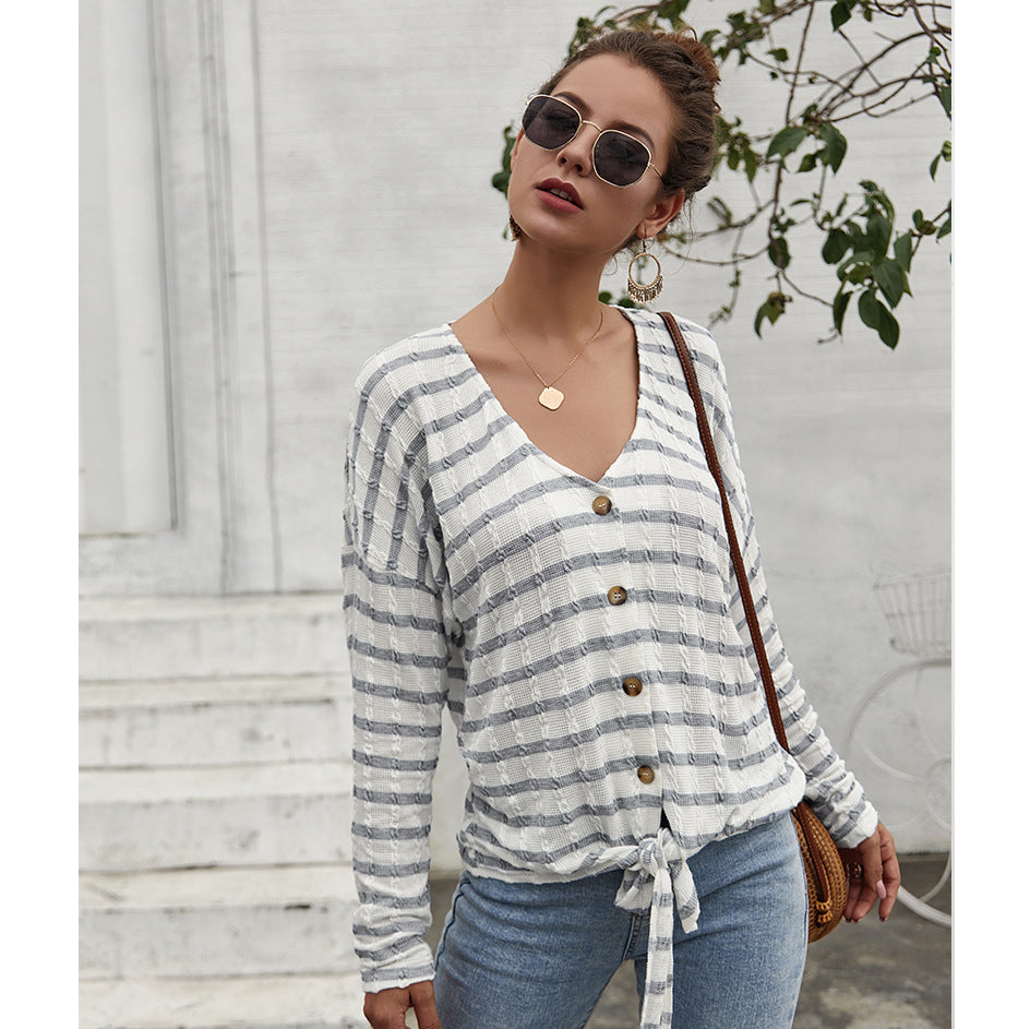 V-neck Striped Long Sleeve Knitwear