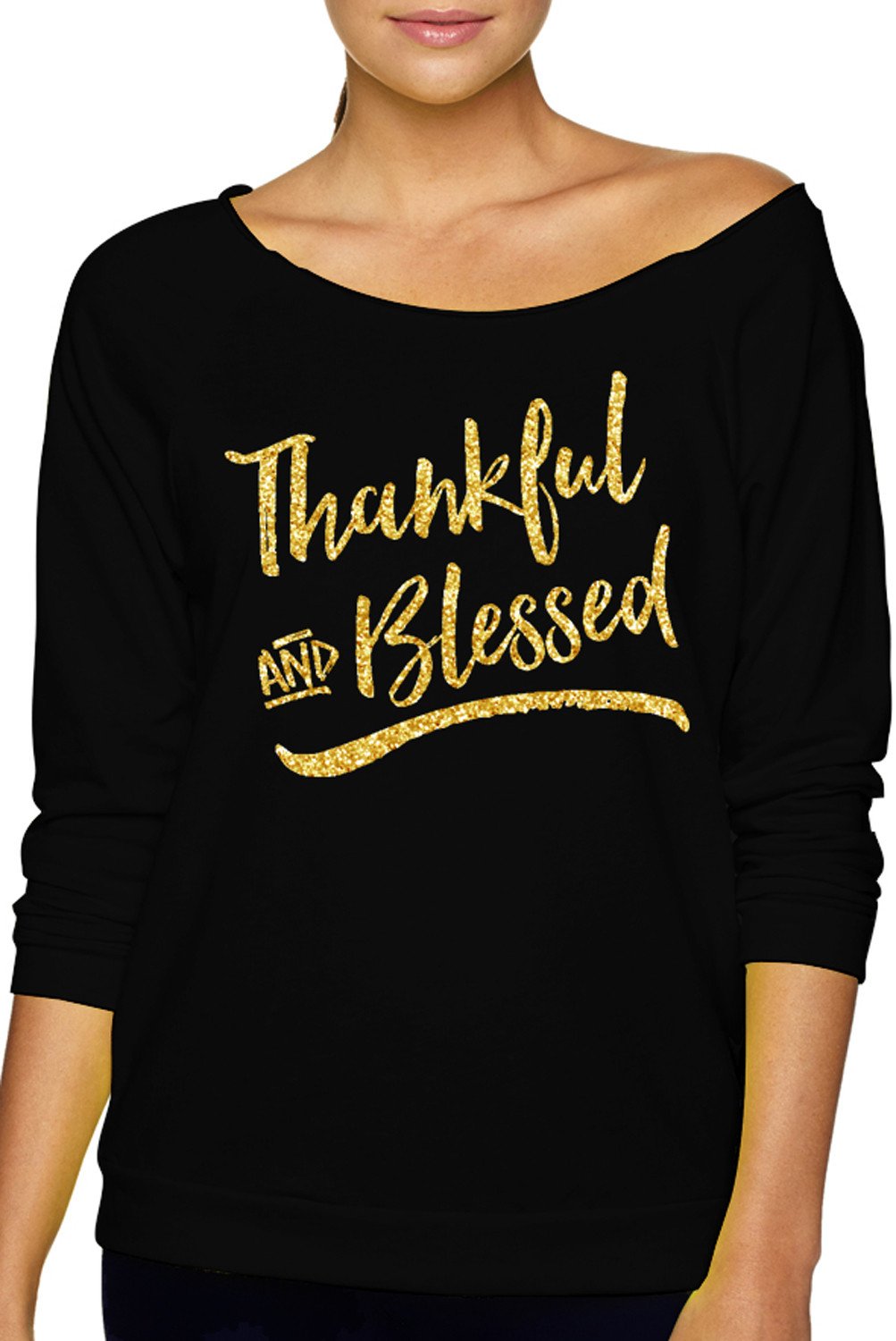 Thankful &amp; Blessed Slouchy Sweatshirt with Gold Glitter Print