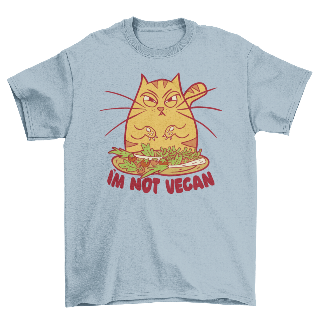 Boze cartoonkat met groentent-shirt