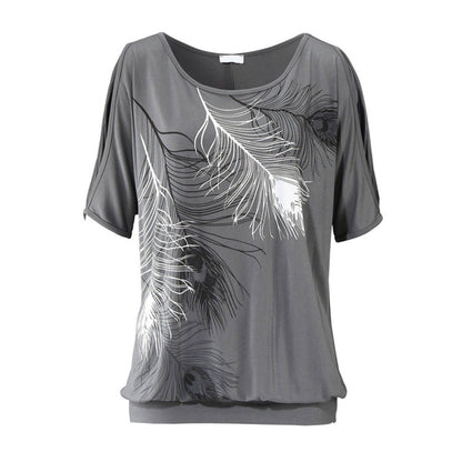 Dames gesneden schouder casual T-shirt met verenprint 