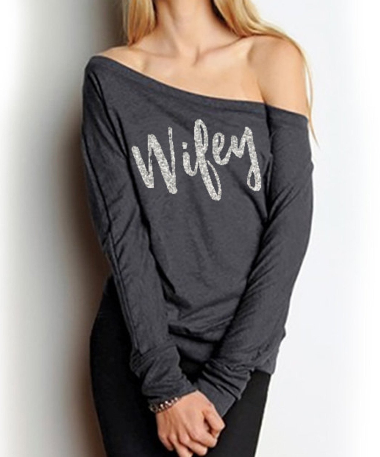 WIFEY Silver Glitter Off-Shoulder Sweater