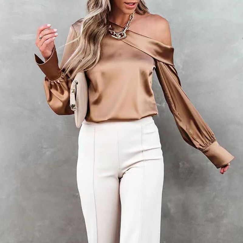 Sexy off-shoulder satijnen blouse trui 