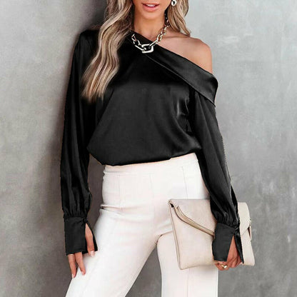 Sexy off-shoulder satijnen blouse trui 