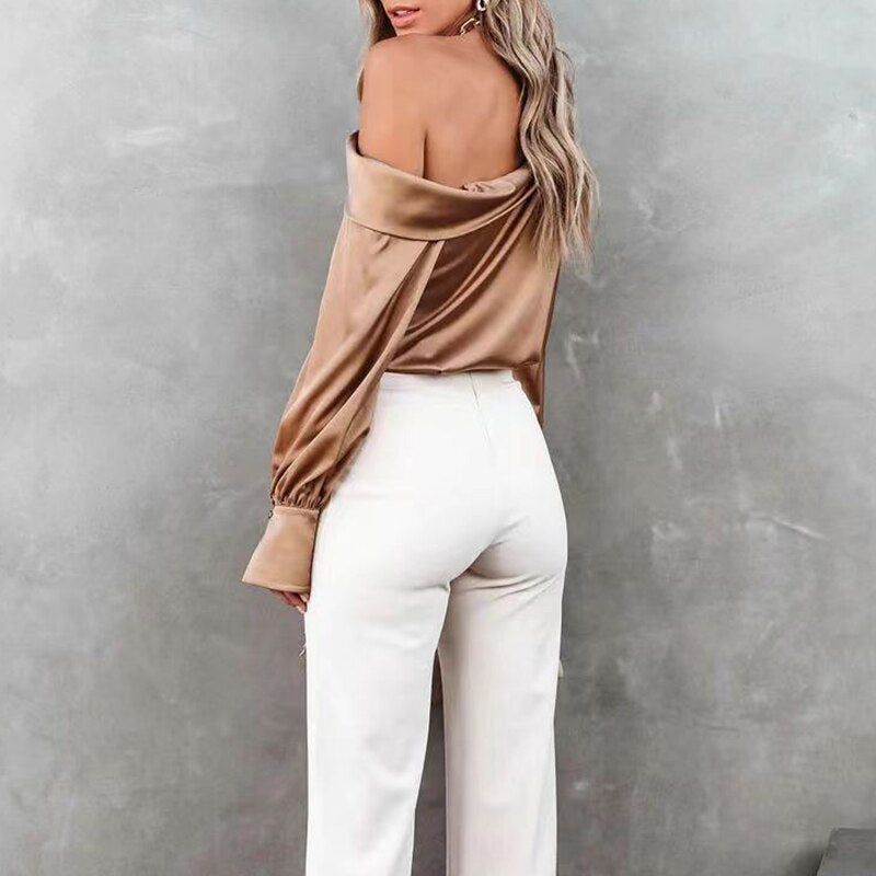 Sexy off-shoulder satijnen blouse trui 