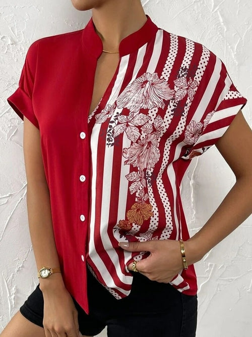 Short Sleeve Printed V-neck Blouse with Buttons