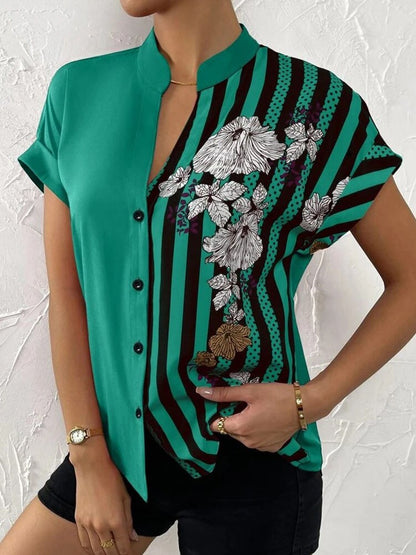 Short Sleeve Printed V-neck Blouse with Buttons