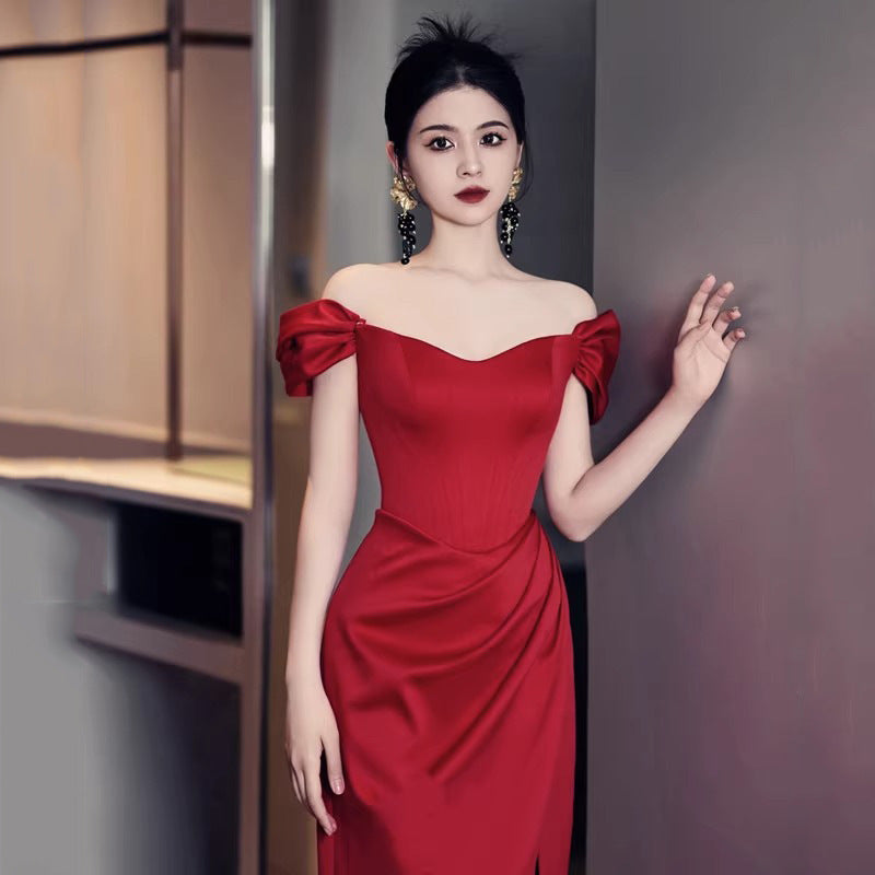 Fashion Bride Wine Red Engagement Wedding Back-to-door Casual Dress Small