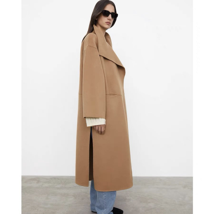 Lapel Coat Same Style Minimalist Double-sided Wool Cashmere Side Split Long Coat For Women