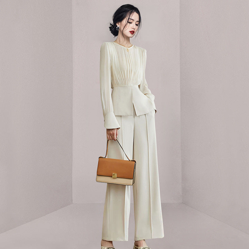 Slim Long Sleeve Top Temperament Slimming Wide-leg Pants Two-piece Set