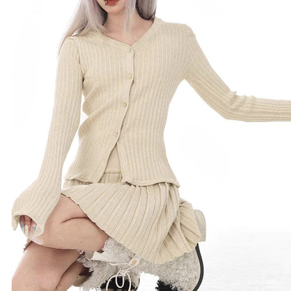 Solid Color Slim Fit Waist Trimming Knitted Cardigan Sweater Loose-fitting Pleated Short Skirt Two-piece Suit