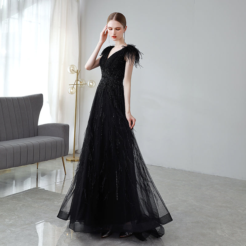 Black Double Shoulder Evening Dress Woman