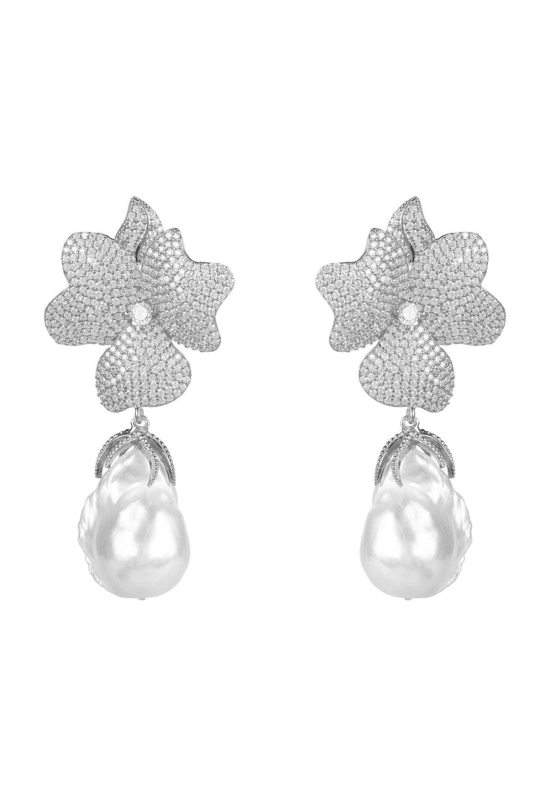 Baroque Pearl White Flower Drop Earring Silver