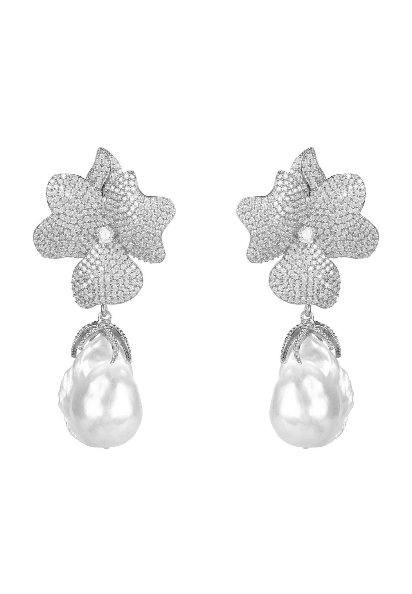 Baroque Pearl White Flower Drop Earring Silver