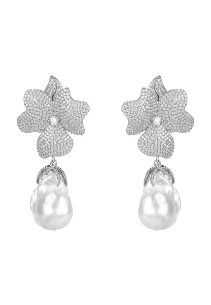 Baroque Pearl White Flower Drop Earring Silver