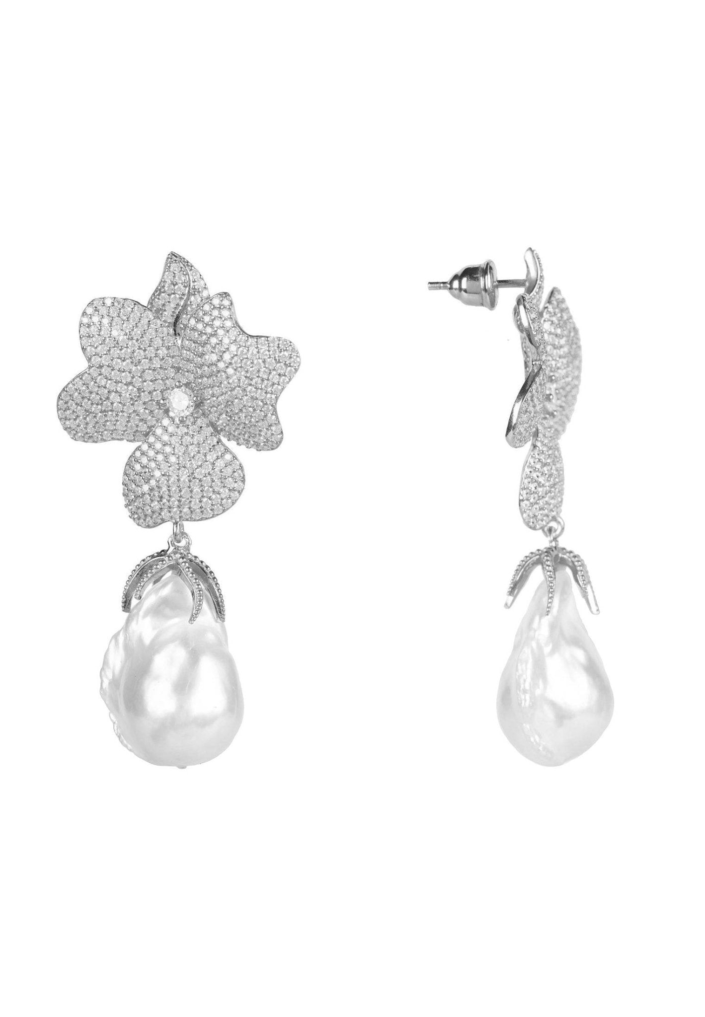 Baroque Pearl White Flower Drop Earring Silver