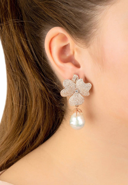 Baroque Pearl White Flower Drop Earrings Rosegold