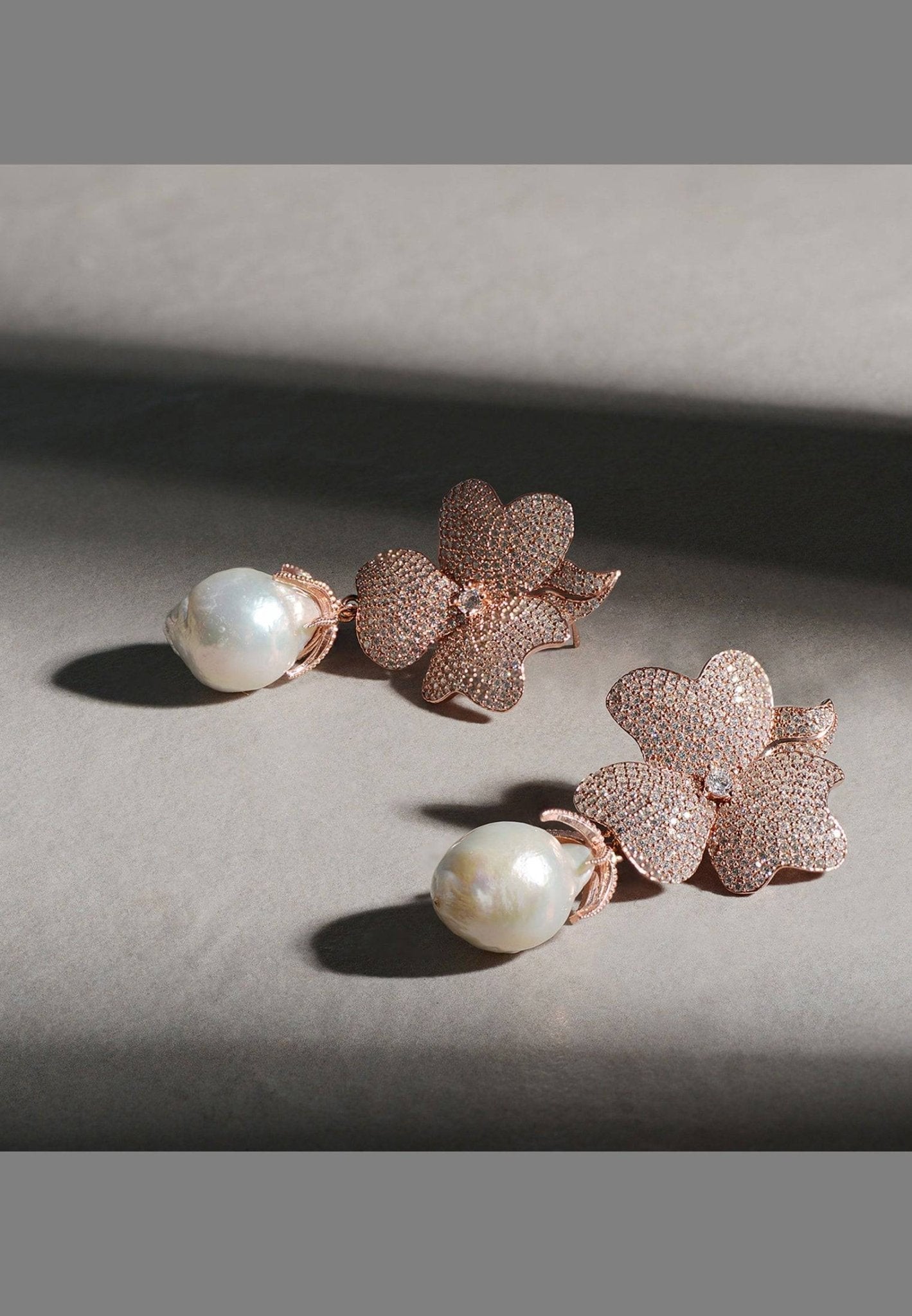 Baroque Pearl White Flower Drop Earrings Rosegold