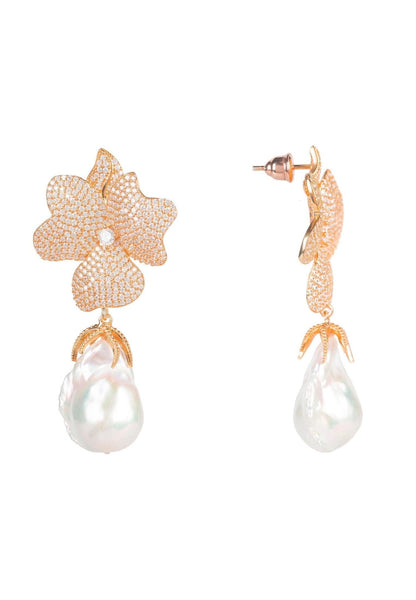 Baroque Pearl White Flower Drop Earrings Rosegold