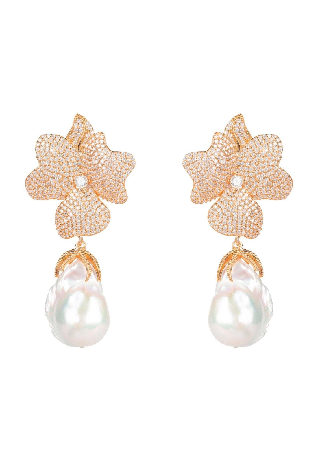 Baroque Pearl White Flower Drop Earrings Rosegold