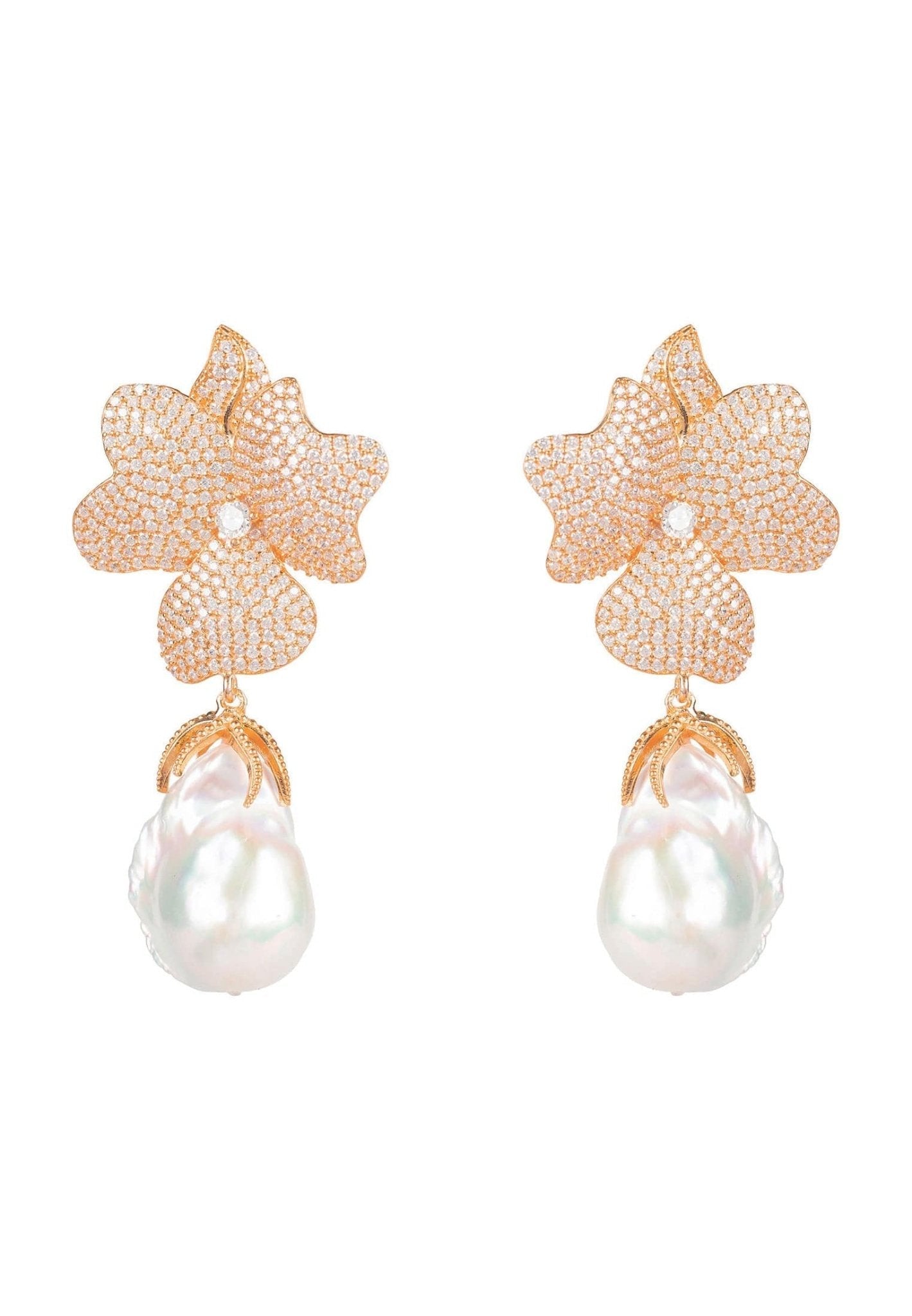 Baroque Pearl White Flower Drop Earrings Rosegold