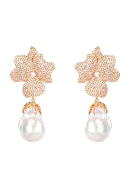 Baroque Pearl White Flower Drop Earrings Rosegold