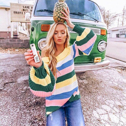 Patchwork Rainbow Off Shoulder Oversize Sweater