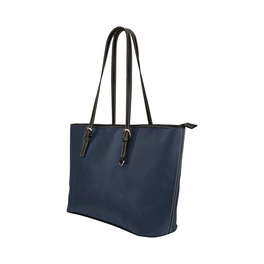 Large Leather Tote Shoulder Bag - Solid Dark Blue