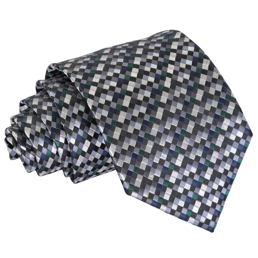 Chequered Geometric Classic Tie - Silver with Black, Green and Navy