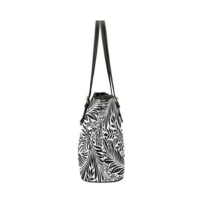 Large Leather Tote Shoulder Bag - Black And White Tropical Pattern