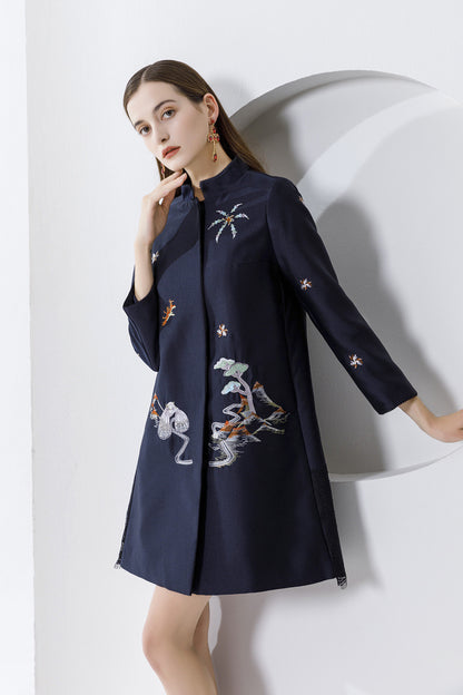 Autumn And Winter Silk Wool Stitching Lace Hit Lace Big Embroidered Mid-length Coat