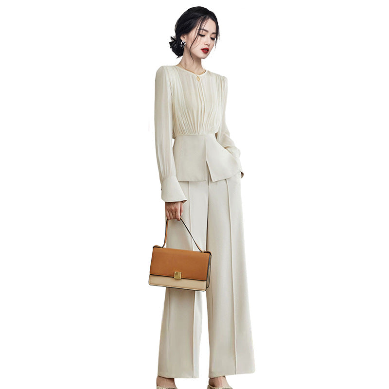 Slim Long Sleeve Top Temperament Slimming Wide-leg Pants Two-piece Set